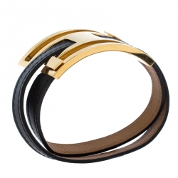 Pre Owned Hermès Black Leather Pousse Pousse Gold Plated Bracelet