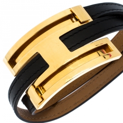 Pre Owned Hermès Black Leather Pousse Pousse Gold Plated Bracelet