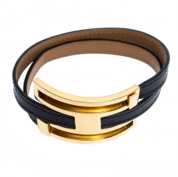 Pre Owned Hermès Black Leather Pousse Pousse Gold Plated Bracelet