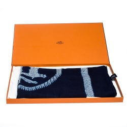 Pre Owned Hermès Indigo Cashmere Silk Ex Libris Scarf