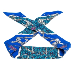 Pre Owned Hermès Blue Equestrian Print Silk Twilly Scarf