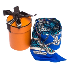 Pre Owned Hermès Blue Equestrian Print Silk Twilly Scarf