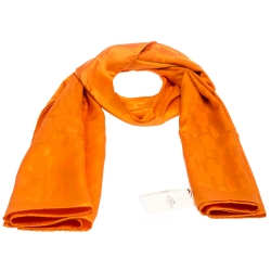 Pre Owned Hermes Orange Grand H Faconnee Jacquard Silk Blend Scarf 