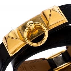 Hermes Rivale Black Leather Gold Plated Double Tour Bracelet XS