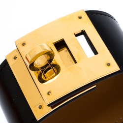 Pre Owned Hermes Kelly Dog Black Leather Yellow Gold Plated Wide Bracelet