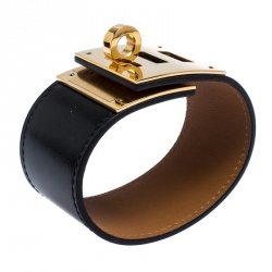 Pre Owned Hermes Kelly Dog Black Leather Yellow Gold Plated Wide Bracelet