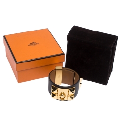 Pre Owned Hermès Collier De Chien Graphite Grey Leather Gold Plated Wide Cuff Bracelet S