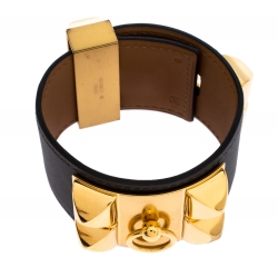 Pre Owned Hermès Collier De Chien Graphite Grey Leather Gold Plated Wide Cuff Bracelet S