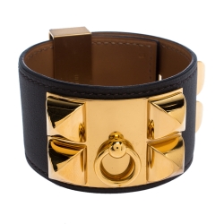Pre Owned Hermès Collier De Chien Graphite Grey Leather Gold Plated Wide Cuff Bracelet S