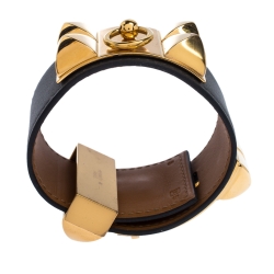 Pre Owned Hermès Collier De Chien Graphite Grey Leather Gold Plated Wide Cuff Bracelet S