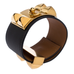 Pre Owned Hermès Collier De Chien Graphite Grey Leather Gold Plated Wide Cuff Bracelet S