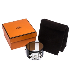 Pre Owned Hermes Collier De Chien Black Leather Palladium Plated Wide Cuff Bracelet S