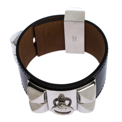 Pre Owned Hermes Collier De Chien Black Leather Palladium Plated Wide Cuff Bracelet S