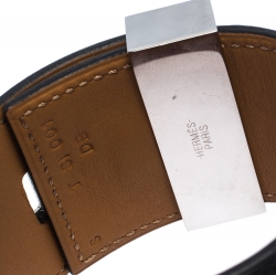 Pre Owned Hermes Collier De Chien Black Leather Palladium Plated Wide Cuff Bracelet S