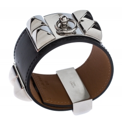 Pre Owned Hermes Collier De Chien Black Leather Palladium Plated Wide Cuff Bracelet S