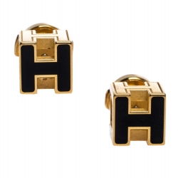 Pre Owned Hermes Cage d'H Black Lacquer Yellow Gold Plated Stud Earrings