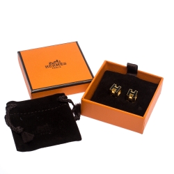 Pre Owned Hermes Cage d'H Black Lacquer Yellow Gold Plated Stud Earrings