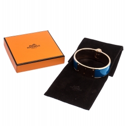 Pre Owned Hermes Blue Enamel Gold Plated Hinged Cuff Bracelet