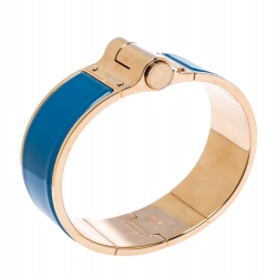 Pre Owned Hermes Blue Enamel Gold Plated Hinged Cuff Bracelet