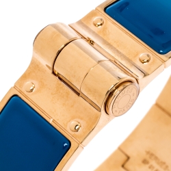 Pre Owned Hermes Blue Enamel Gold Plated Hinged Cuff Bracelet