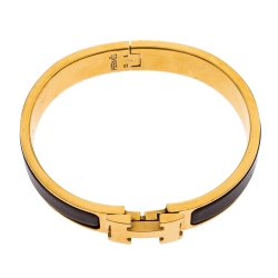 Pre Owned Hermes Clic H Brown Enamel Gold Plated Narrow Bracelet PM