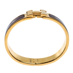 Pre Owned Hermes Clic H Brown Enamel Gold Plated Narrow Bracelet PM