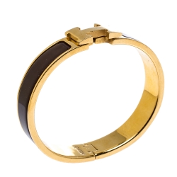 Pre Owned Hermes Clic H Brown Enamel Gold Plated Narrow Bracelet PM