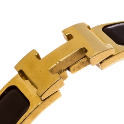 Pre Owned Hermes Clic H Brown Enamel Gold Plated Narrow Bracelet PM