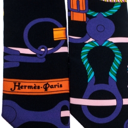 Pre Owned Hermes Black Panoplie Equestre Print Silk Twilly Scarf