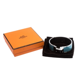 Pre Owned Hermès Clic Clac H Blue Enamel Palladium Plated Wide Bracelet GM