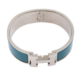 Pre Owned Hermès Clic Clac H Blue Enamel Palladium Plated Wide Bracelet GM