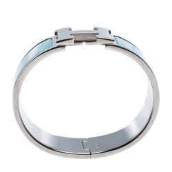 Pre Owned Hermès Clic Clac H Blue Enamel Palladium Plated Wide Bracelet GM