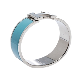 Pre Owned Hermès Clic Clac H Blue Enamel Palladium Plated Wide Bracelet GM