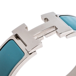 Pre Owned Hermès Clic Clac H Blue Enamel Palladium Plated Wide Bracelet GM