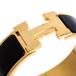 Pre Owned Hermes Clic Clac H Black Enamel Gold Plated Wide Bracelet PM