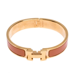 Pre Owned Hermes Clic H Peach Pink Enamel Gold Plated Narrow Bracelet PM