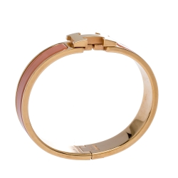 Pre Owned Hermes Clic H Peach Pink Enamel Gold Plated Narrow Bracelet PM