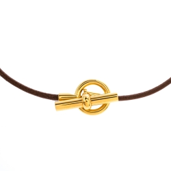 Pre Owned Hermes Glenan Brown Leather Gold Tone Toggle Choker Necklace