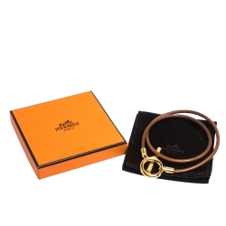 Pre Owned Hermes Glenan Brown Leather Gold Tone Toggle Choker Necklace