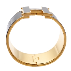 Pre Owned Hermès Clic Clac H Black Enamel Gold Plated Wide Bracelet PM