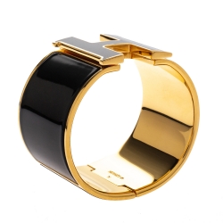 Pre Owned Hermès Clic Clac H Black Enamel Gold Plated Wide Bracelet PM