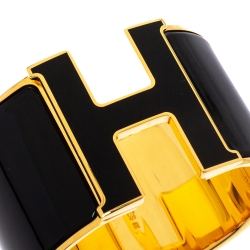 Pre Owned Hermès Clic Clac H Black Enamel Gold Plated Wide Bracelet PM