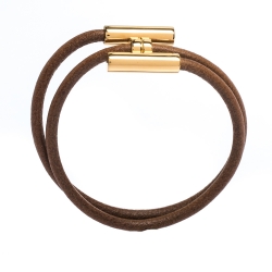 Pre Owned Hermes Tournis Tresse Brown Leather Gold Plated Wrap Bracelet