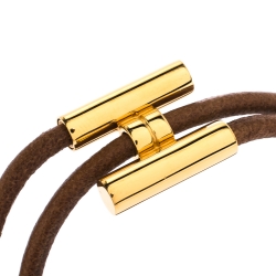 Pre Owned Hermes Tournis Tresse Brown Leather Gold Plated Wrap Bracelet