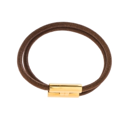Pre Owned Hermes Tournis Tresse Brown Leather Gold Plated Wrap Bracelet