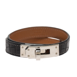 Pre Owned Hermes Kelly Double Tour Black Exotic Leather Palladium Plated Bracelet S