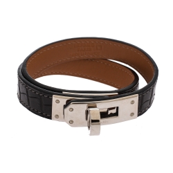 Pre Owned Hermes Kelly Double Tour Black Exotic Leather Palladium Plated Bracelet S
