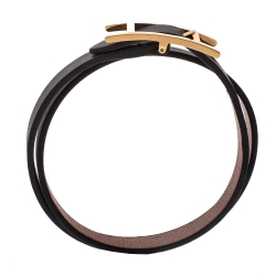Pre Owned Hermes Behapi Black Leather Gold Plated Double Tour Reversible Bracelet M