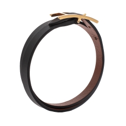 Pre Owned Hermes Behapi Black Leather Gold Plated Double Tour Reversible Bracelet M