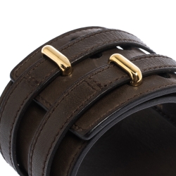 Pre Owned Hermes Brown Leather Gold Plated Wide Cuff Adjustable Bracelet